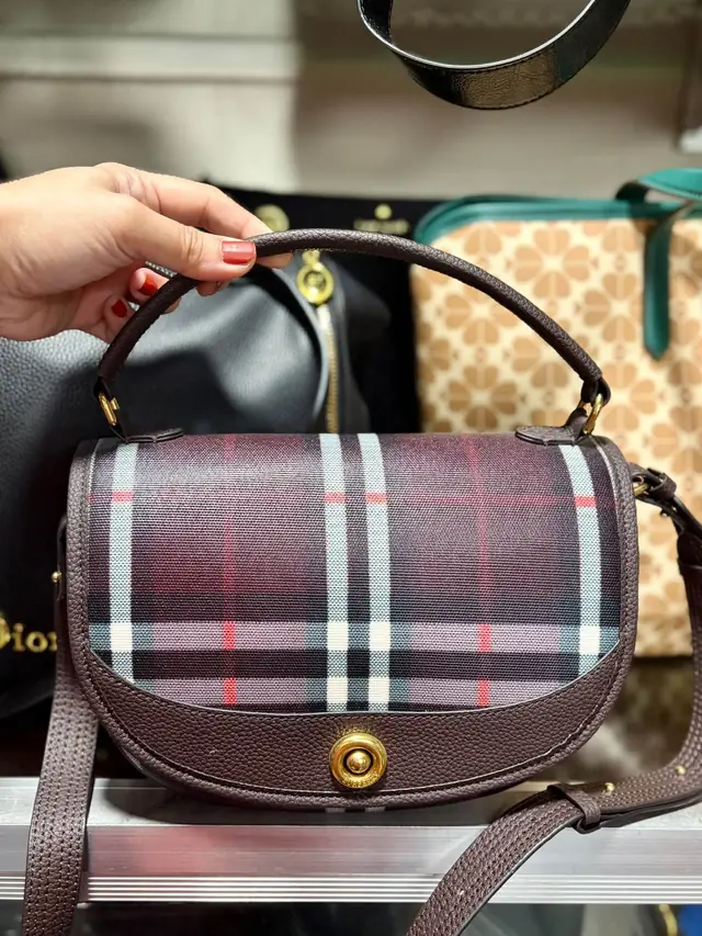 Checked flap bag in red, navy and white, with dark brown leather trim, a gold turn-lock and a slim crossbody strap